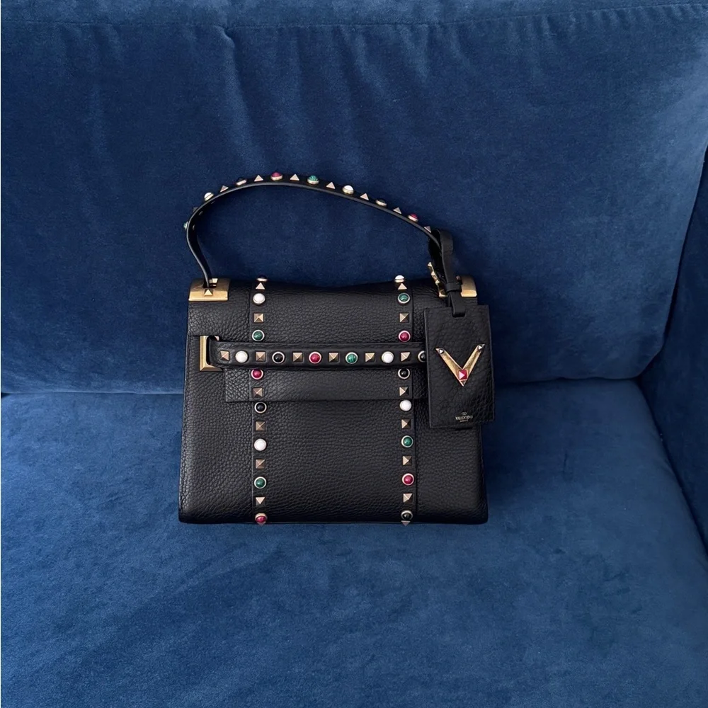 VALENTINO GARAVANI Black PebbleLeather Multi‎ Colored RockstudCrossbody Handbag
